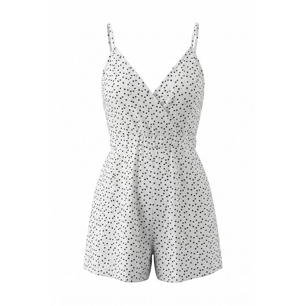 Womens White Black Heart Print Surplice Romper Sleeveless V-Neck Jumpsuit Shorts